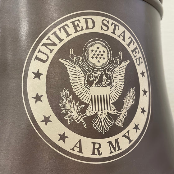 Closeup of US Army logo on an antiqued finish 18 inch diameter bell