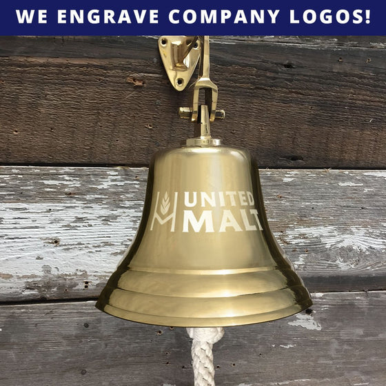 Example of a business logo engraved on a seven inch diameter polished finish wall bell with words "we engrave company logos" in blue banner above bell