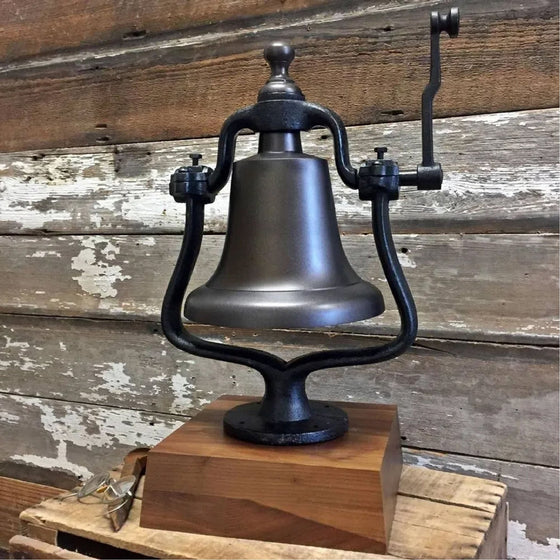 Large bronze finish brass and cast iron railroad bell on deluxe walnut wood base