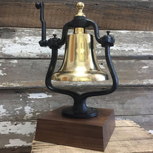  Large polished solid brass railroad bell with black cast iron mount on a deluxe walnut wood base