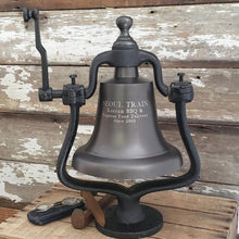  Large dark bronze finish solid brass and cast iron railroad bell with four lines of personalized text engraving