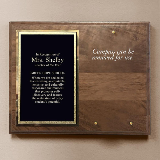 Graphic showing that teacher compass on Wood plaque can be removed for use