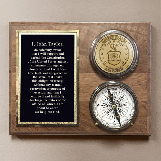3 inch antiqued brass compass with United States Air Force logo medallion displayed on walnut stained wood plaque with custom engraved black and brass plate
