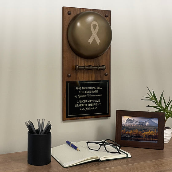 Cancer Ribbon Engraved Boxing Bell on Plaque Office Scene