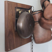  Replica distressed finish brass boxing bell on wood plaque with boxing gloves hanging nearby