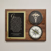 Walnut stained hardwood healthcare themed plaque displaying an open brass compass with an engraved medical cardecus and large black and brass plate engraved with customers custom text