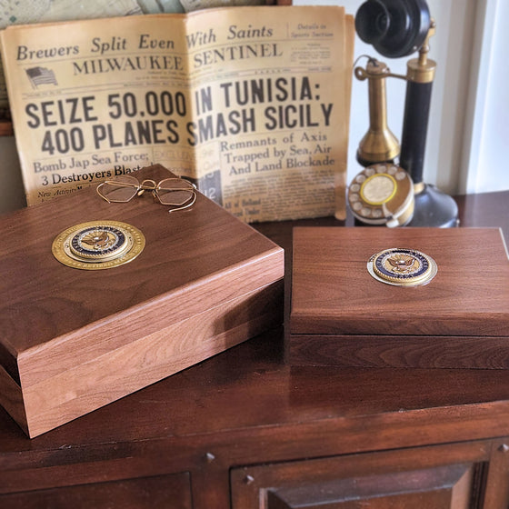 Large Deluxe Personalized Walnut Keepsake Box with Colored Navy Medallion