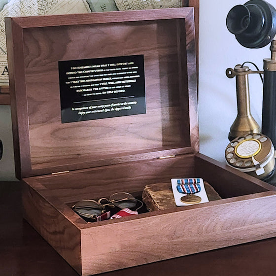 Large Deluxe Personalized Walnut Keepsake Box with Colored Navy Medallion