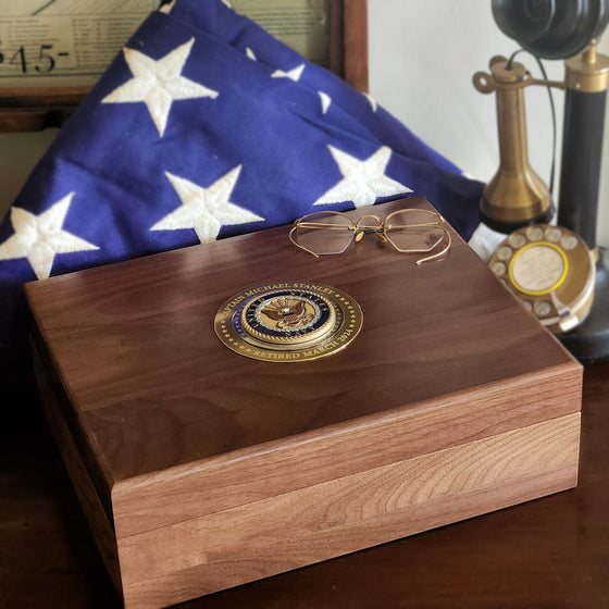 Large Deluxe Personalized Walnut Keepsake Box with Colored Navy Medallion