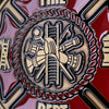 Personalized Firefighter Helmet on Plaque with Brass Maltese Medallion Closeup Zoom