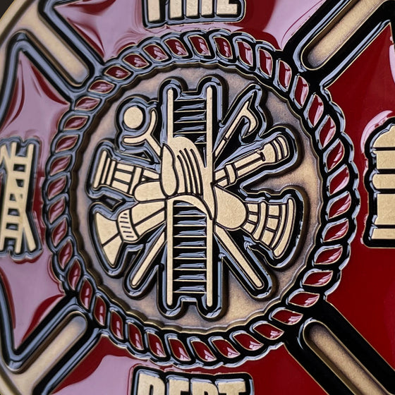Personalized Firefighter Helmet on Plaque with Brass Maltese Medallion Closeup Zoom