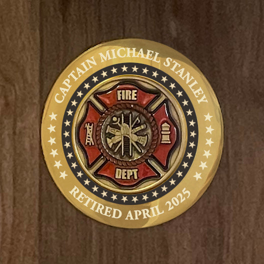 Personalized Firefighter Helmet on Plaque with Brass Maltese Medallion Closeup