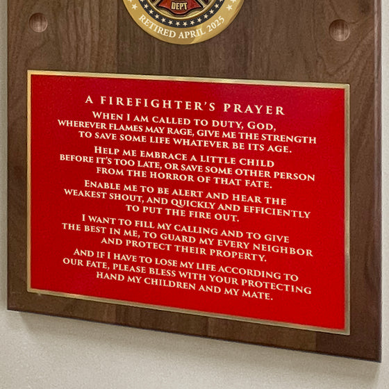 Personalized Firefighter Helmet on Plaque with Brass Maltese Medallion Plaque Closeup