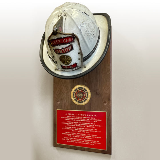 Personalized Firefighter Helmet on Plaque with Brass Maltese Medallion