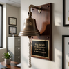 7 inch antiqued brass finish brass wall bell with an engraved business logo mounted on a walnut wood plaque with a black and gold large engraved plate