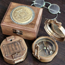  Engraved Coast Guard Medallion wood display box with compass shown closed and open