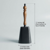 dark bronze cow bell with wooden handle and graphics that show it is 11 inches tall and 5 inches wide