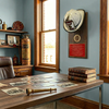 A rustic wooden desk in a vintage office setting, featuring scattered black-and-white photographs, a brass mace, a stack of old books, and a mounted firefighter helmet plaque on the blue wall.