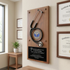 Physician wood plaque award with stethoscope and engraved plate on medical wall near diplomas