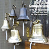 Five bells in polished brass and antiqued brass finishes shown hanging together to show size comparisons ranging from 8 inches in diameter to 18 inches in diameter