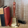 11 inch tall polished finish brass hand bell with contoured hardwood handle and three lines of custom engraving