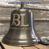 Logo engraving sample on side of 12 inch antiqued brass wall bell