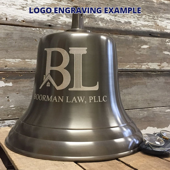Logo engraving sample on side of 12 inch antiqued brass wall bell