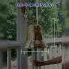 Text showing dimensions of hanging polished brass ridged wall bell at 12 inches across and 13 inches high not including mount and rope