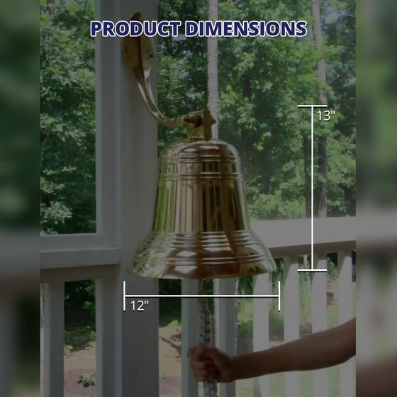 Text showing dimensions of hanging polished brass ridged wall bell at 12 inches across and 13 inches high not including mount and rope