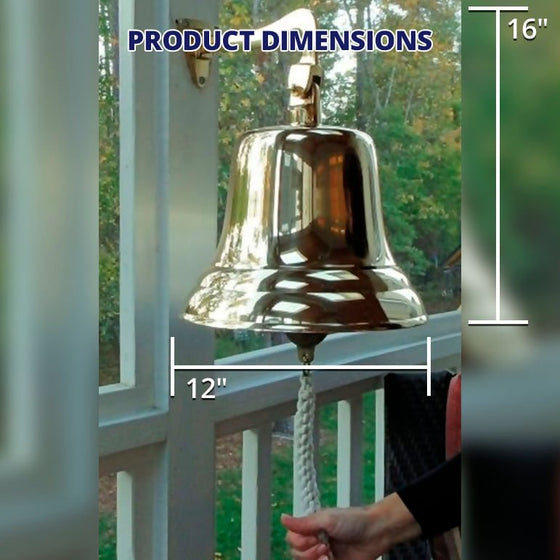 12 inch diameter polished finish brass wall bell shown hanging on outdoor porch with graphics showing diameter and height of 16 inches without the rope included