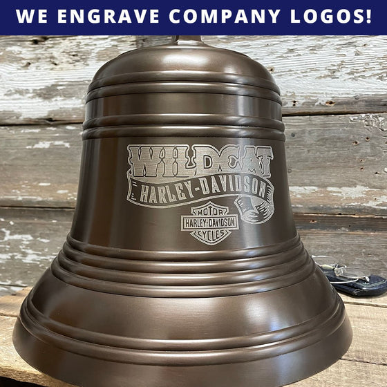 Closeup of company logo on the side of a 14 inch ridged antique finish bell with shackle