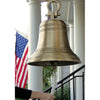 18 inch antiqued ridged shackle bell hanging on front porch with hand grasping pull rope for scale