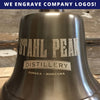 Sample business logo engraved on an antiqued finish solid brass 7 inch diameter wall bell