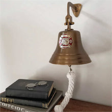  7 inch diameter antiqued finish solid brass wall bell with silver and red pewter Maltese Cross firefighters medallion