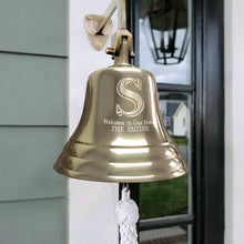  7 inch diameter polished gold finish solid brass wall bell with large initial S and Welcome to our Home, The Smiths engraved on front of bell