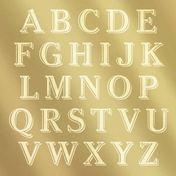Letters of Alphabet engraved on brass plate in font used for Family Initial bell