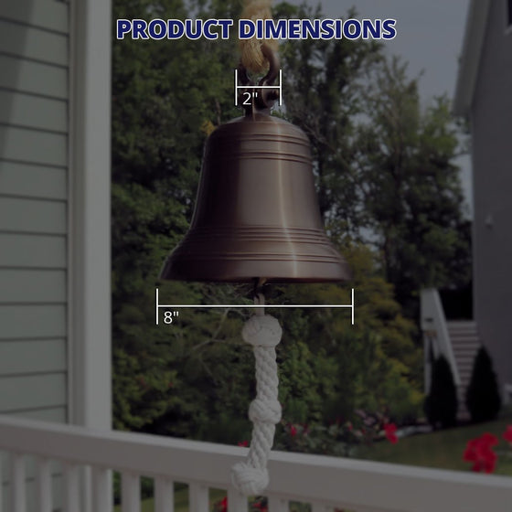 Graphics showing dimensions of 8 inch antiqued brass ridged hanging bell showing bell is 8 inches across base of bell with a 2 inch diameter shackle