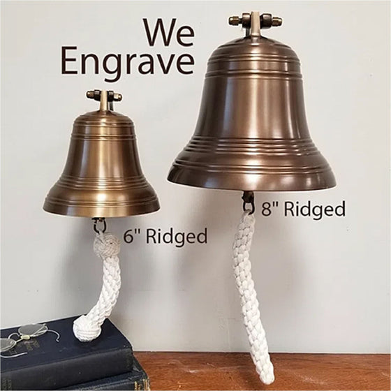 6 inch diameter and 8 inch diameter antiqued brass ridged wall bells shown hanging together for size perspective