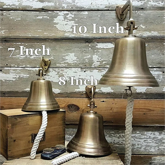 7 inch, 8 inch and 10 inch diameter antiqued brass wall bells shown together for size differences