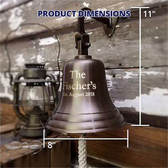8 inch diameter antiqued finish solid brass wall bell with graphics showing dimensions of 11 inches tall without pull rope and 8 inches across the bottom of bell