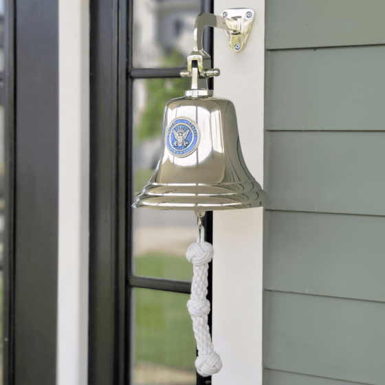 8 Inch Diameter Nickel Finish Brass Wall Bell With Navy Emblem main image