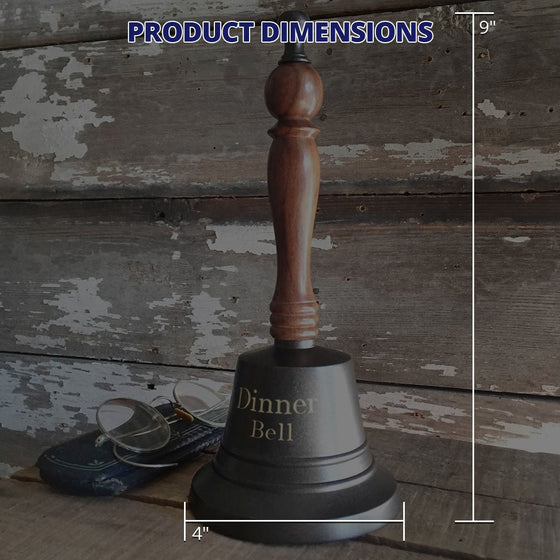 Graphic showing 9 inch tall dark bronze finish brass and wood hand bell product dimensions of 9 inches high with a bell of 4 inches in diameter