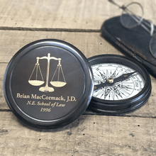  Three inch working antiqued brass compass with scales of justice and law student's name engraved on cover