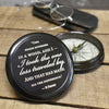 closeup of 3 inch diameter antiqued brass compass lid with Robert Frost Poem about two roads diverging