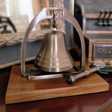  Antiqued brass "second" brass desk bell hanging from brass arch with solid brass striker and hardwood base