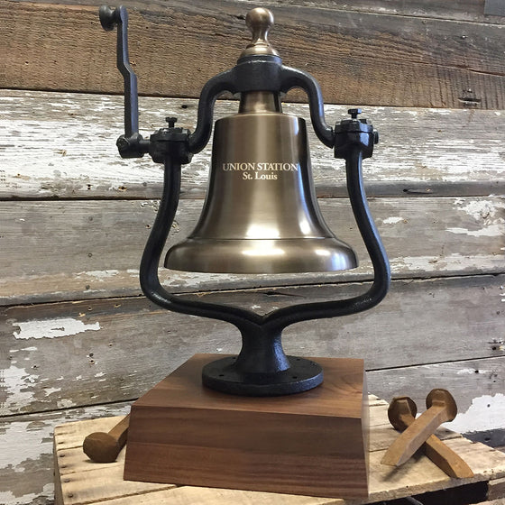 Large antiqued solid brass railroad bell with cast iron carriage and deluxe hard wood base with two lines optional personalized engraving