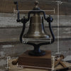Graphics showing large antiqued brass railroad bell with deluxe hardwood base measurements of 12 inch wide bell and carriage, 17 inch tall bell and carriage, 8.5 inch wide bell only, 9.25 inch wide base,  and 3 inch tall base