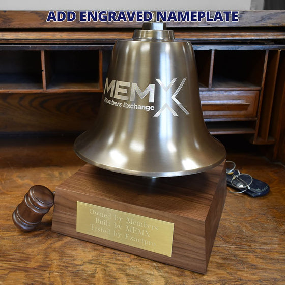 Large antiqued brass stock market bell with optional logo and large brass plate mounted on three inch tall walnut deluxe base