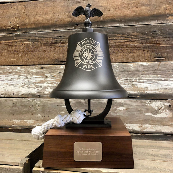 Large bronze finish solid brass memorial bell with eagle finial and optional engraved logo on a three inch tall deluxe wood base with optional brass nameplate