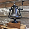 Large bronze finish brass and cast iron railroad bell mounted on deluxe walnut base with engraved train logo and words "all aboard"